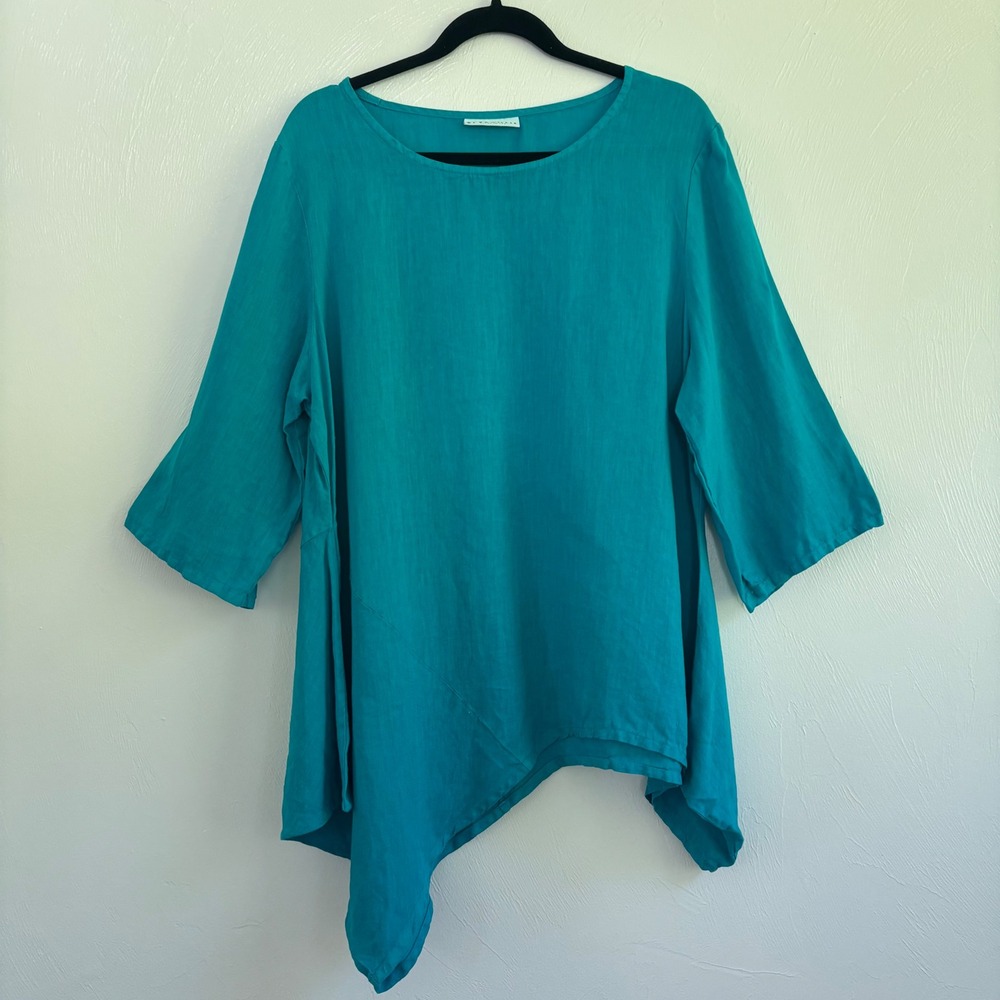 Bryn Walker Teal Linen Asymmetric Hem Tunic Top Women's Size Large Made in USA